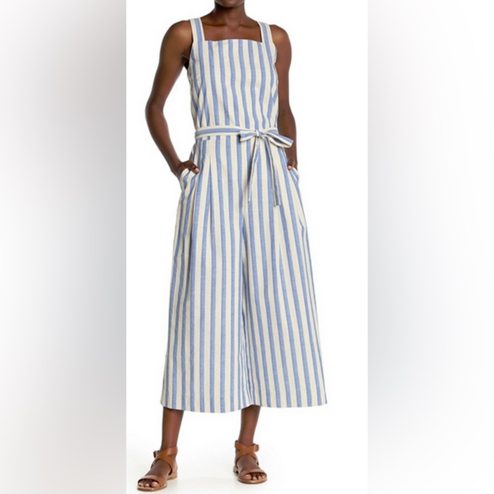 Lafayette 148 New York Blue and White Striped Linen Jumpsuit with Tie Waist